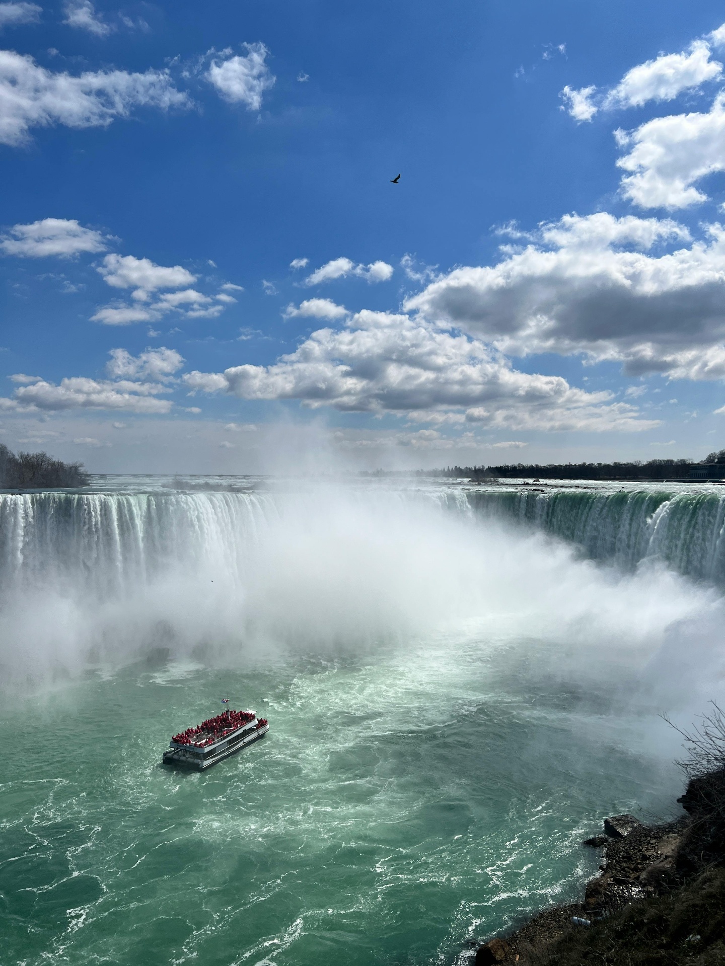 Horseshoe Falls at Niagara with a tour boat in the mist
